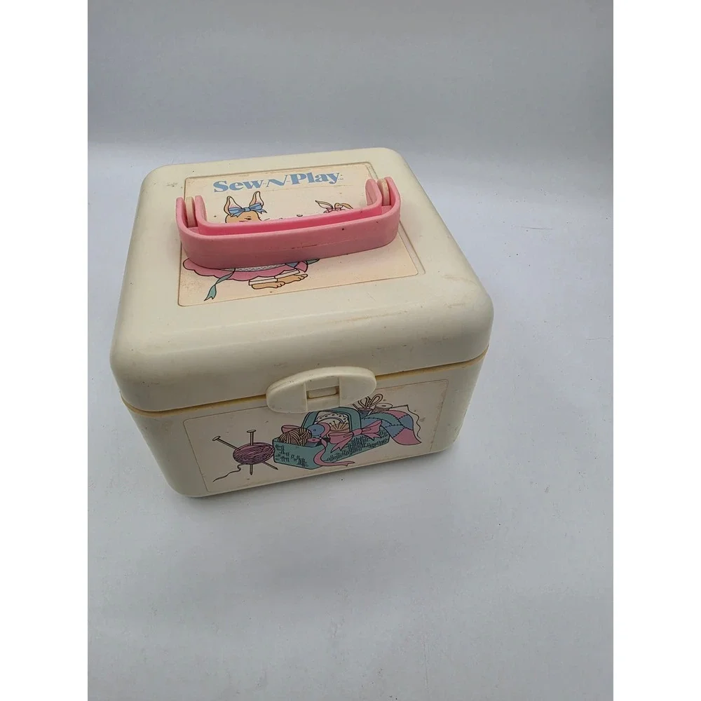 Vintage Sew-N-Play Bunny Rabbit Plastic Carry Case Pink Handle Craft Storage Box